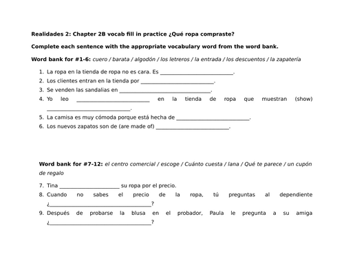 Realidades 2: Chapter 2B vocab fill in practice ¿Qué ropa compraste?