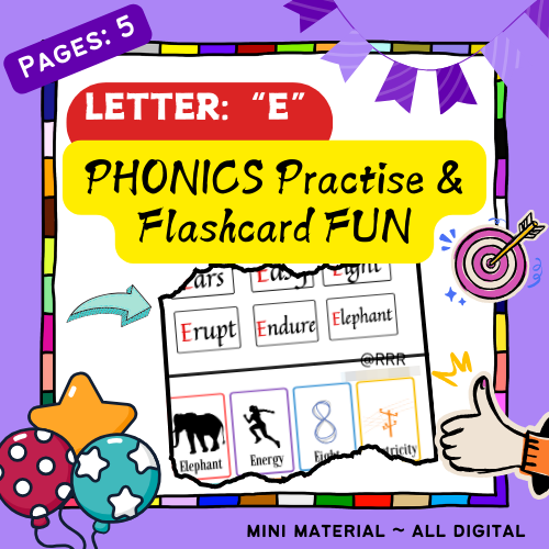 Fun Phonics for Letter E (Words & Pictures) for Kids 3+ in age. Primary Phonics Learning