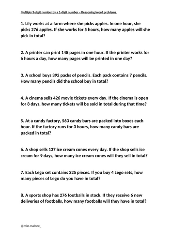 Multiplying 3-digit number by a 1-digit number - Reasoning/word problems