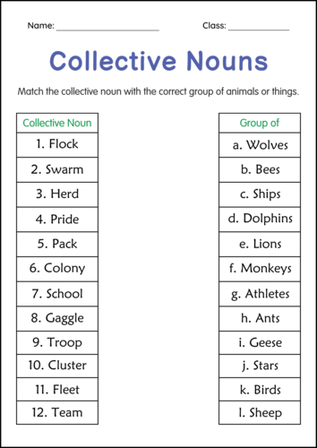 Printable Collective Nouns Grammar Worksheets for Grade 3, 4, 5