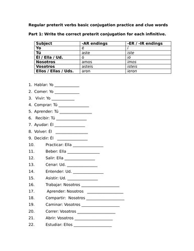 Regular preterit verbs basic conjugation practice and clue words