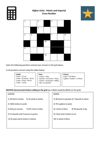 Higher Units - Metric and Imperial Conversions Cross Number