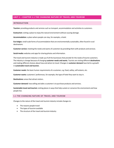 Travel and Tourism AS Level Chapter 1.1 Summary