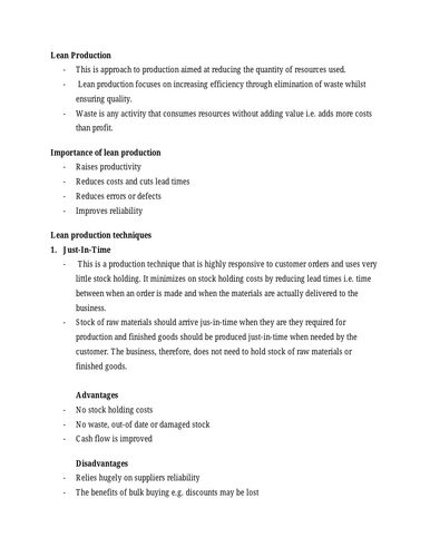 IGCSE Business - Lean Production