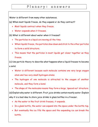 Year 7 - Particulate of nature L5 Water and density (Worksheet)