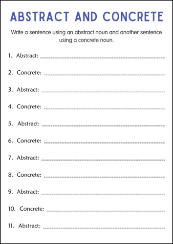 Printable Abstract and Concrete Nouns Grammar Worksheets for Grade 4, 5, 6