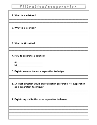 Year 7 - Particulate of nature L7 Filtration and evaporation (Worksheet)