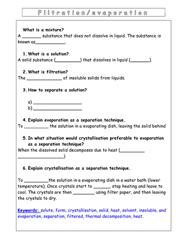 Year 7 - Particulate of nature L7 Filtration and evaporation (Worksheet)