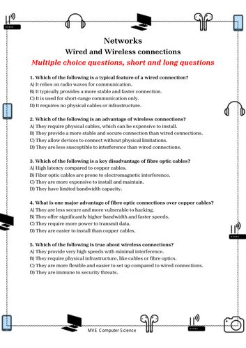 Networks: Wired and Wireless connections AFL worksheet