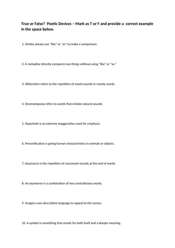 True or False Quiz on Poetic Devices with Answers and Examples