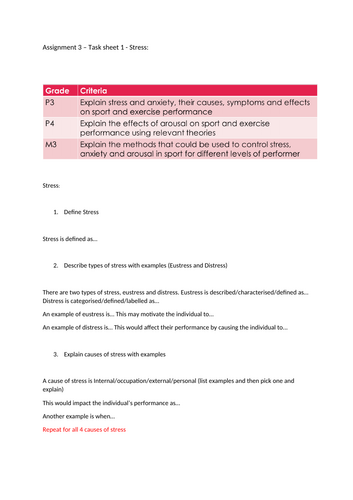 CTEC Sport Unit 19 Sport and Exercise Psychology Task sheets for each LO.