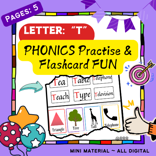 Fun Phonics for Letter T (Words & Pictures) for Kids 3+ in age. Primary Phonics Learning