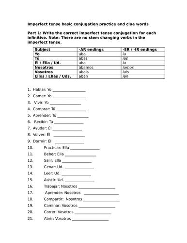 Imperfect tense basic conjugation practice and clue words