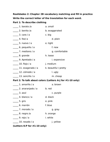 Realidades 2: Chapter 2B vocabulary matching and fill in practice