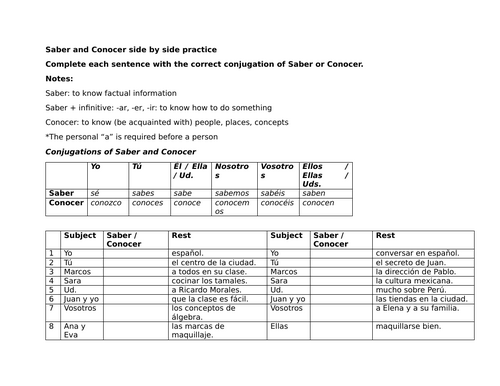 Saber and Conocer side by side practice
