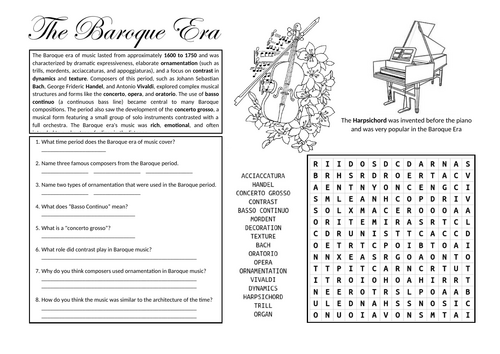 Baroque Music Worksheet (cover lesson)