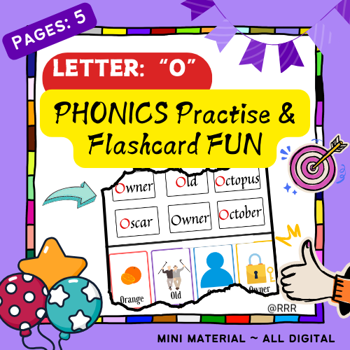 Fun Phonics for Letter O (Words & Pictures) for Kids 3-5+ in age. Primary Phonics Learning