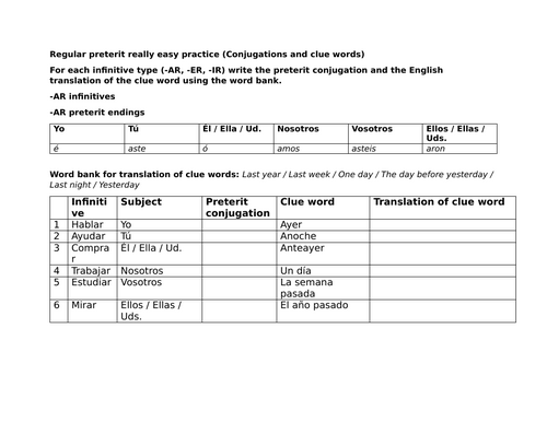 Regular preterit really easy practice (Conjugations and clue words)