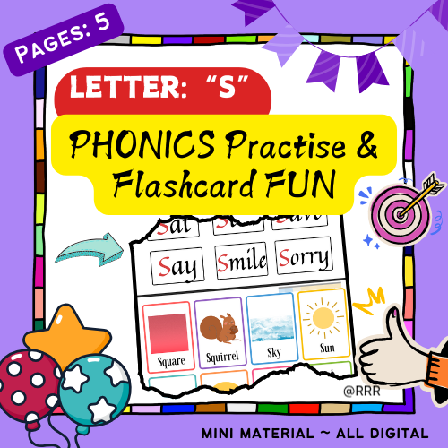 Fun Phonics for Letter S (Words & Pictures) for Kids 3+ in age. Primary Phonics Learning!