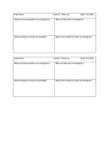 Lifeskills (Emergencies) - Before and After pupil grid