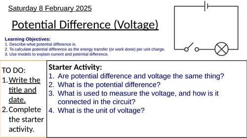 GCSE Physics Potential Difference (Voltage) V = E/Q: Complete Lesson