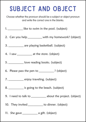 Printable Subject and Object Pronouns Grammar Worksheets for Grade 4, 5, 6