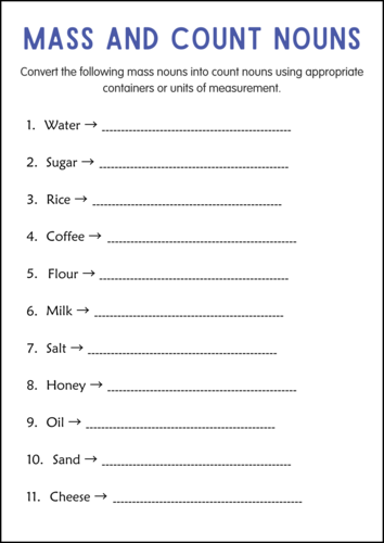 Printable Mass and Count Nouns Grammar Activities Worksheets for Grade 4, 5, 6