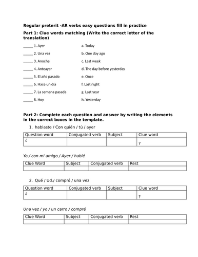 Regular preterit -AR verbs easy questions fill in practice