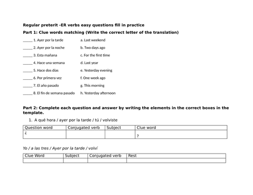 Regular preterit -ER verbs easy questions fill in practice