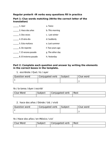 Regular preterit -IR verbs easy questions fill in practice