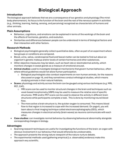 CIE Alevel Psychology Biological Approach Notes