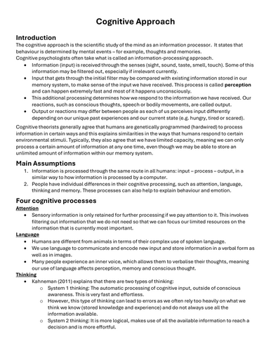 CIE Alevel Psychology Notes - Cognitive Approach