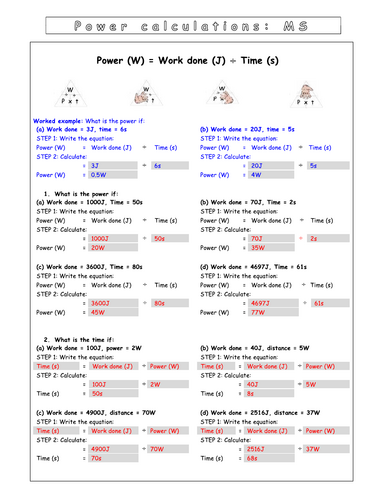 Year 7 Energy - L10  Energy calculations (Worksheet)