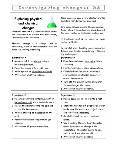 Year 7 Energy - L9 - Chemical and physical changes (Worksheet)