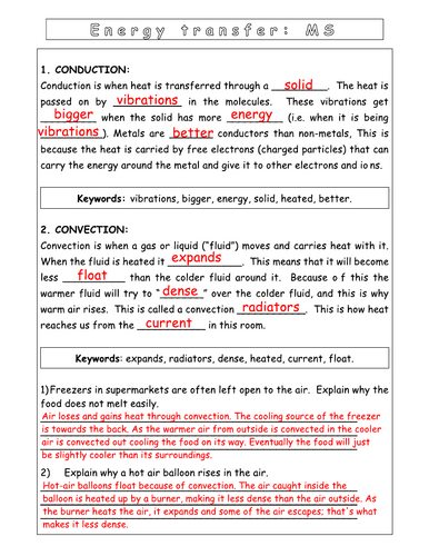 Year 7 Energy L6 - Conduction and convection (Worksheet)