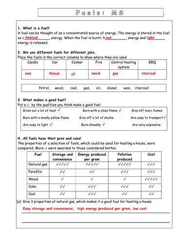 Year 7 Energy L5 - Fuels (Worksheet)