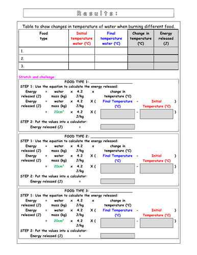Year 7 Energy L4 - Foods (Worksheet)