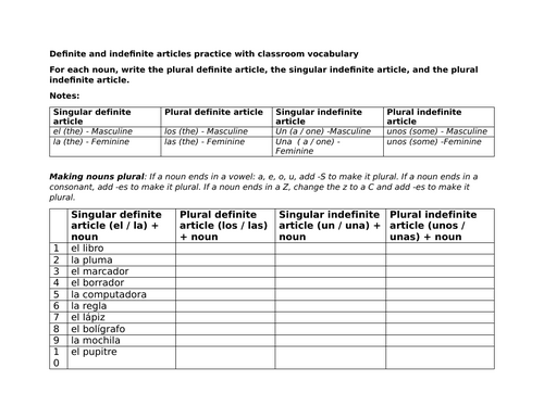 Definite and indefinite articles practice with classroom vocabulary