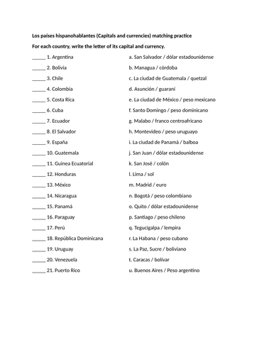 Los países hispanohablantes (Capitals and currencies) matching practice