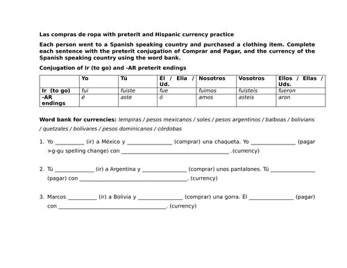 Las compras de ropa with preterit and Hispanic currency practice