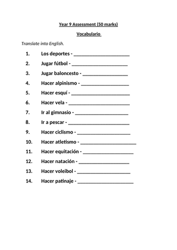 Spanish vocab and grammar worksheet/test