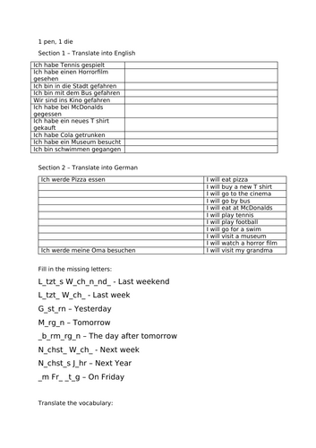 TENSES REVISION ON FREETIME - 1 PEN 1 DICE AND TRANSLATION