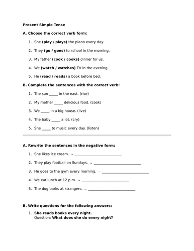 Present Simple Tense Practice Worksheet