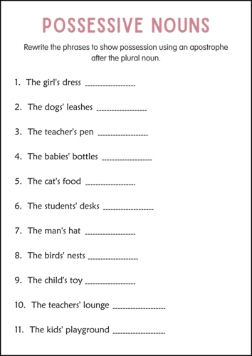 Printable Possessive Nouns Grammar Activity Worksheets for Grade 4, 5, 6