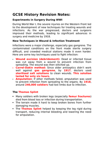 GCSE History Revision Notes - MTT - Advances in Surgery