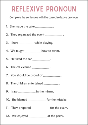 Printable Reflexive Pronouns Grammar Worksheets for Grade 3, 4, 5