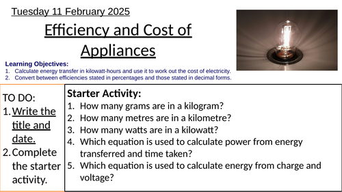 GCSE Physics Efficiency and Cost of Appliances: Complete Lesson