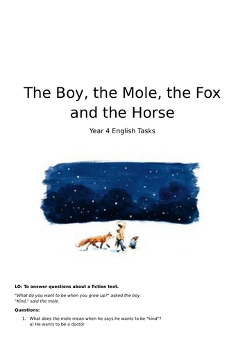 The Boy, the Mole, the Fox and the Horse - Year 4 English Tasks