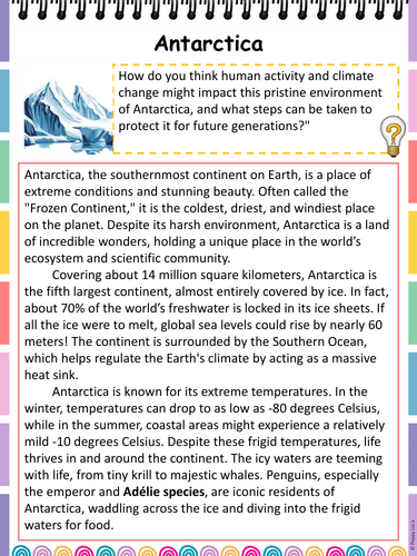 Antarctica continent reading passage printable worksheets
