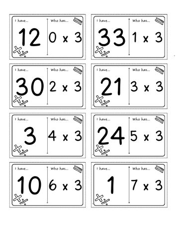 3 sets of 3 times table loop cards KS1 KS2